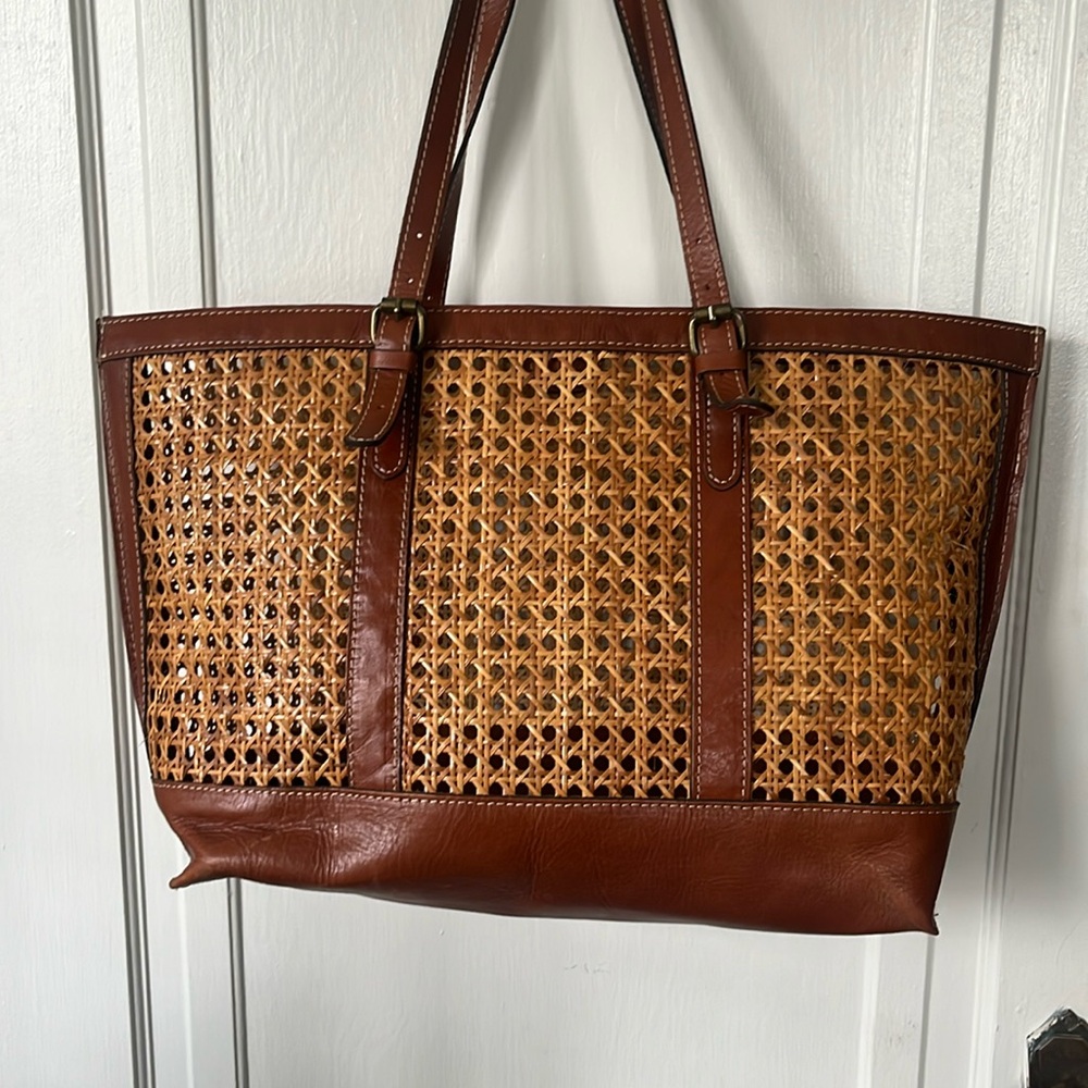 Patricia Nash tote.  Leather and cane.  20 x 12.